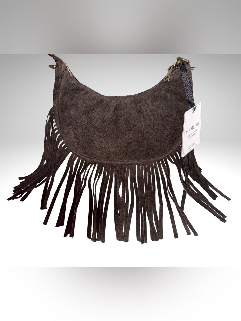 NWT Marlon Firenze Chocolate Suede Fringe Crescent Hobo Bag Made In Italy BS4328